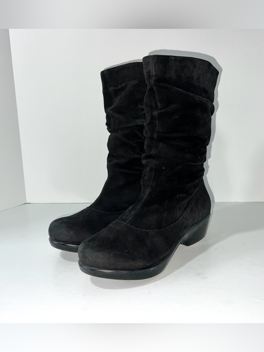 Dansko Black Suede Slouch Boots Mid-Calf Side Zip Comfort Wedge EU 38 US 7.5-8